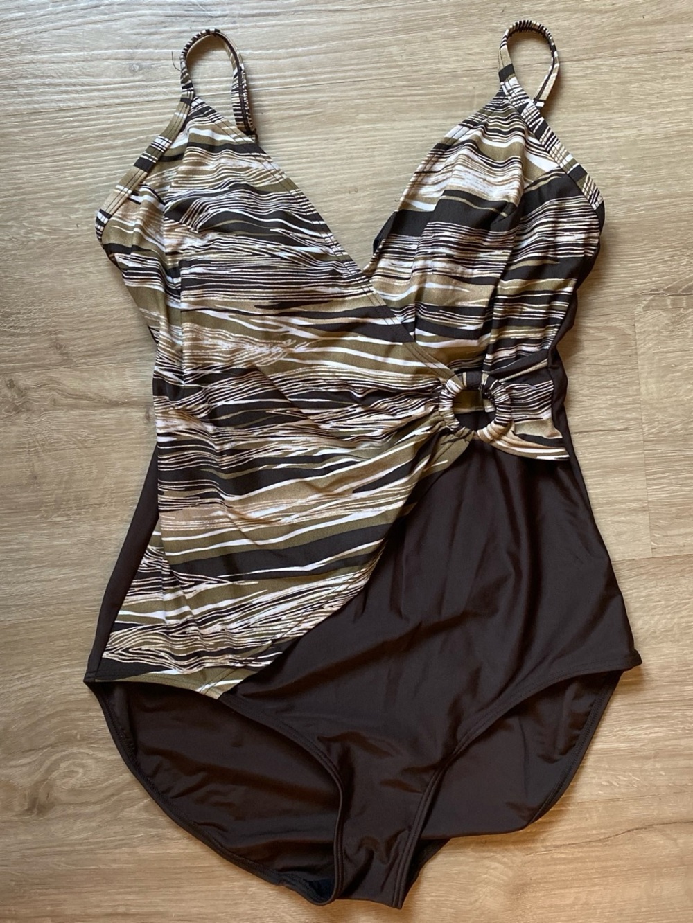 Brown & Beige Striped One-Piece Swimsuit with Ring Detail